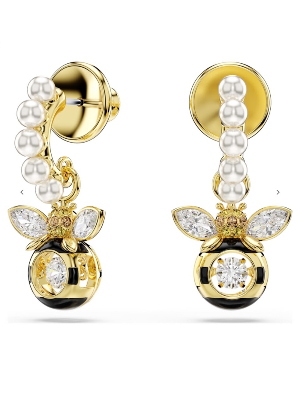 Swarovski Gold Tone Bee Drop Earrings with Pearls and Black Accents